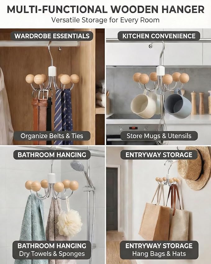 2 Pack Hoodie Hangers 360° Swivel Hooks with Wood Balls, Natural Wood | Hanging Closet Hat Purse Tanktop Handbag Necklace Organizer Bra Hanger and Storage Save Space