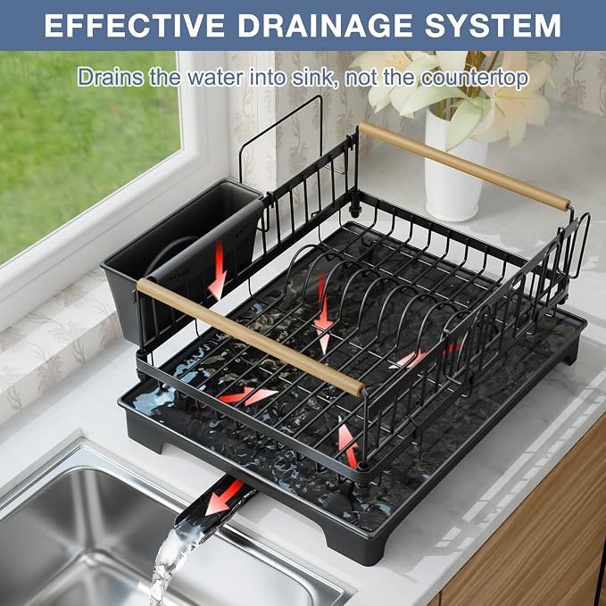 Dish Rack for Kitchen Rustproof Steel Dish Drying Rack for Kitchen Counter Anti-Rust Dish Strainer with Drainboard, Cup Holder, Utensil & Cutting Board Organizer, Heavy Duty Metal | Holds 12 Dishes, Drainboard Set, Cutlery Holder, Rust Resistant, Space...