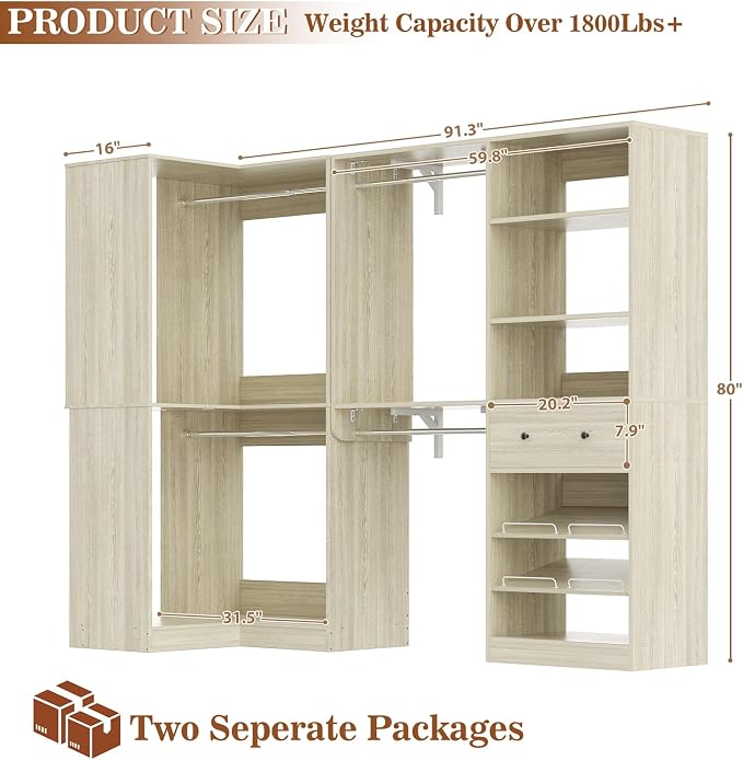 Armocity Closet System Set of 2 - Corner Closet Organizer System with Drawer/9 Shelves/4 Hanging Rods, 91.3" L-Shaped Walk-In Wardrobe Organizer, 1800+ lbs Capacity, White Oak
