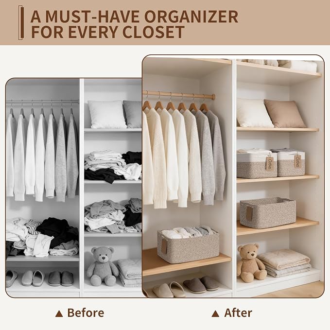 Goodpick 4 Pack Storage Baskets for Shelves, Rectangle Woven Baskets for Organizing, Cotton Rope Storage Bins for Baby Toys, Decorative Basket for Gifts, 13''L x 8''W x 6''H, Brown & White