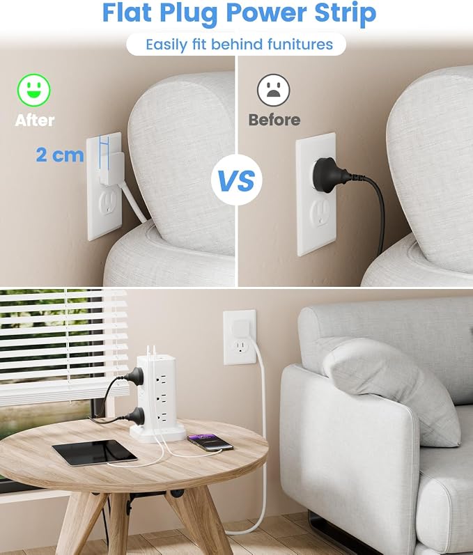 Power Strip Tower with Surge Protector 1800J, Fast Charging Tower PD20W USB-C Ports with 12 AC Outlets, Extension Cord for Home Office Dorm Room, 6ft, White