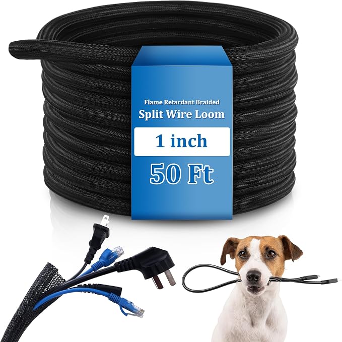 Pangda 50ft Split Wire Loom Tubing Flame Retardant Braided Cable Sleeve Split High Temperature Cable Conduit Auto Wire Conduit for Industrial Electrical Tinsel Automotive Marine(50 Ft, 1")