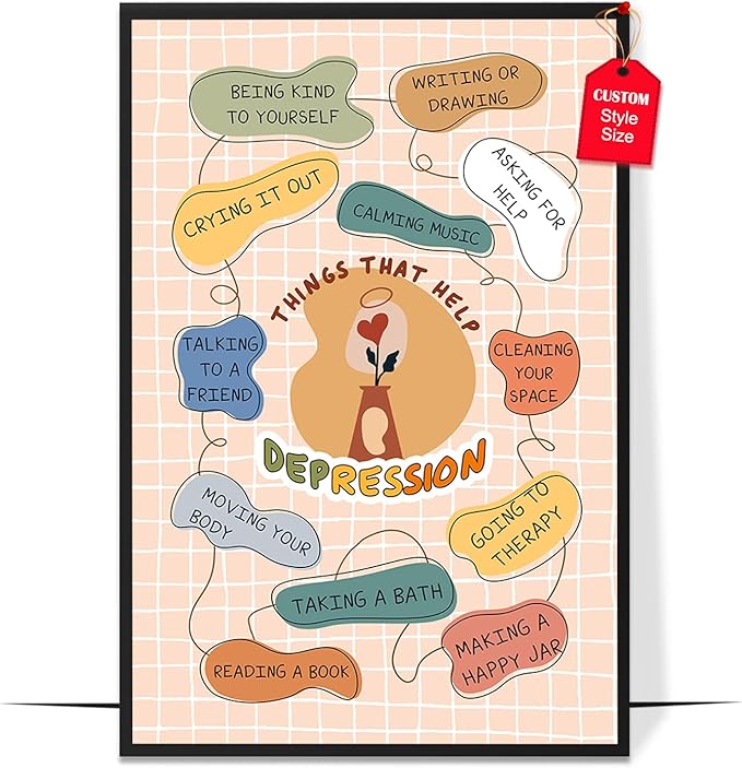LOLUIS Mental Health Poster, Boho Therapy Tools Educational Supplies Art Print Classroom School Office Decor (Help Depression, Custom Frame Type)