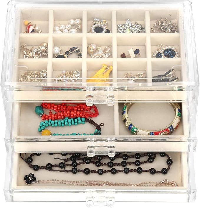 FEISCON Acrylic Jewelry Organizer Makeup Cosmetic Storage Organizer box | Storage Organizer box Clear Jewelry Case with 3 Drawers Adjustable Jewelry Box Velvet Trays grid size