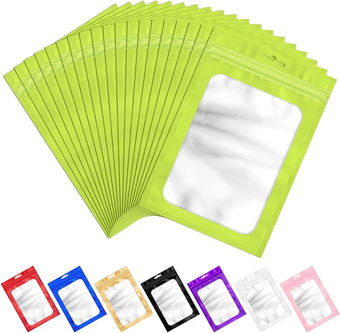 100 PCS Resealable Mylar Bags with Frosted Clear Window Packaging Bags Foil Pouch Zipper Bag for Food Self Sealing Storage Supplies (4.72x7.87, Green)