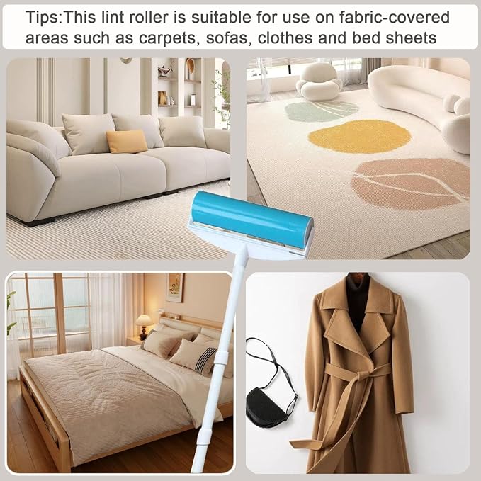 8" Large Reusable Lint Roller, Giant Washable Pet Hair Remover with Extendable Handle, Long Sticky Lint Brush for Furniture, Carpet, Sofa and Clothes, 1 Large, 1 Refill and 2 Mini Size