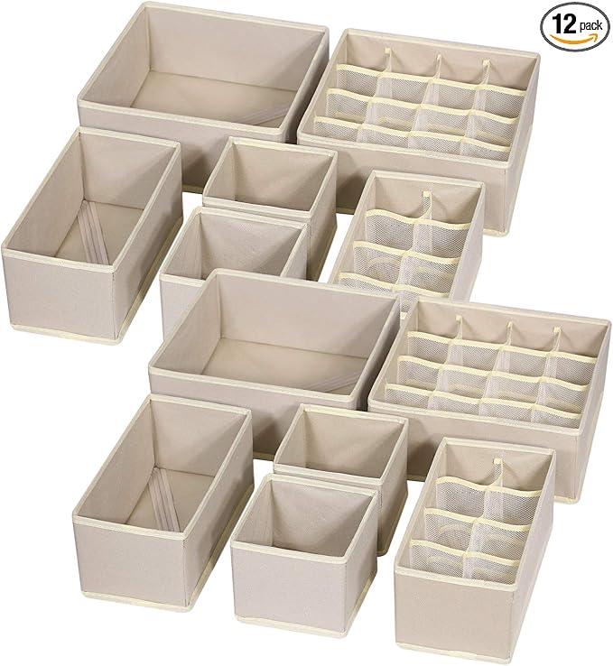 TENABORT 12 Pack Foldable Drawer Organizer Dividers Cloth Storage Box Closet Dresser Organizer Cube Fabric Containers Basket Bins for Underwear Bras Socks Panties Lingeries Nursery Baby Clothes Beige