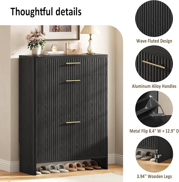 Fluted Shoe Storage Cabinet for Entryway, Narrow Wooden Shoe Cabinet with 2 Flip Drawers & Pull-Out Drawer, Modern Freestanding Slim Shoe Organizer Rack for Foyer/Hallway/Living Room, Black