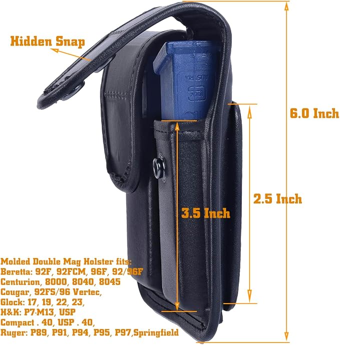 Molded Double Mag Pouch，Tactical Universal Magazine Holder Fits virtually Any 9mm, 40 or .45 Caliber Pistol Mag Single or Double Stack IWB or OWB Mag Pouch