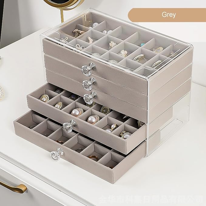 SPAKOWN Earring Box Holder Organizer Display Case | Clear Velvet Jewelry Storage Tray Organizer for Earring Ring Stud (Grey - 5 Drawers)