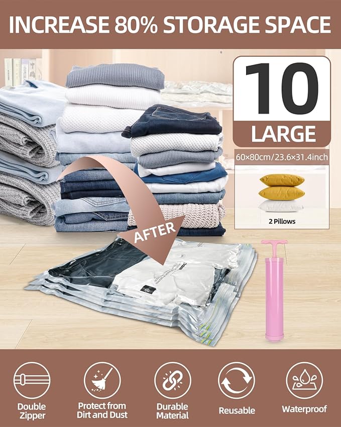 Vacuum Storage Bags for moving, Vacuum Seal Bags for Memory Foam, Latex, Clothing & Bedding, Space Saver Bags for Organization and Storage (Large)