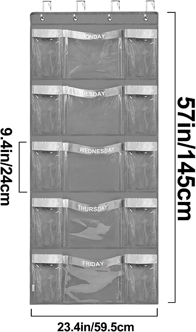 Weekly Hanging Closet Organizer for Kids,Day of Week Kids Clothes Organizer,School Clothing Storage Monday to Friday Hanging Closet Organizer Shelves for Bedroom,Bathroom,Dorm (Grey)