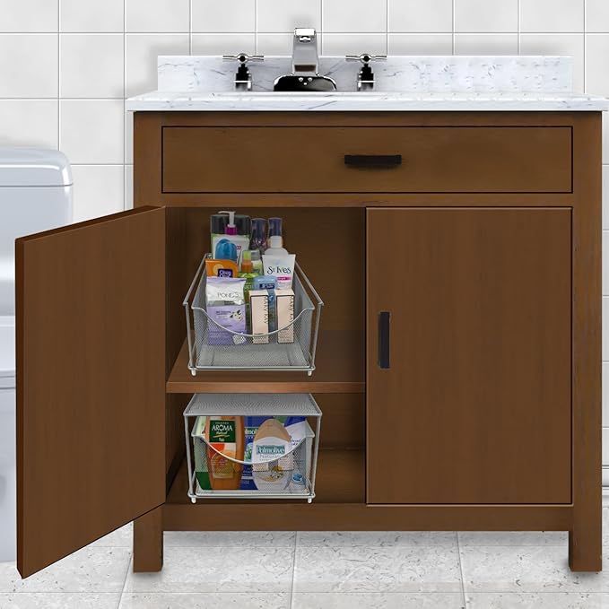 Sorbus® Cabinet Organizer Drawer with Cover—Mesh Storage Organizer w/Pull Out Drawers—Stackable, Ideal for Countertop, Cabinet, Pantry, Under the Sink, Desktop and More (Silver Bottom Drawer)