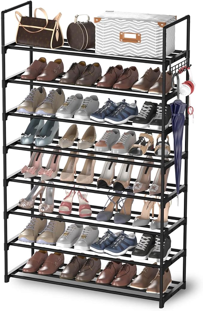 Hsscblet 8 Tiers Metal Shoe Rack,Adjustable Shoe Shelf Storage Organizer with Hooks,Stackable Boot & Shoe Storage,for Entryway,Hallway,Closet,Black