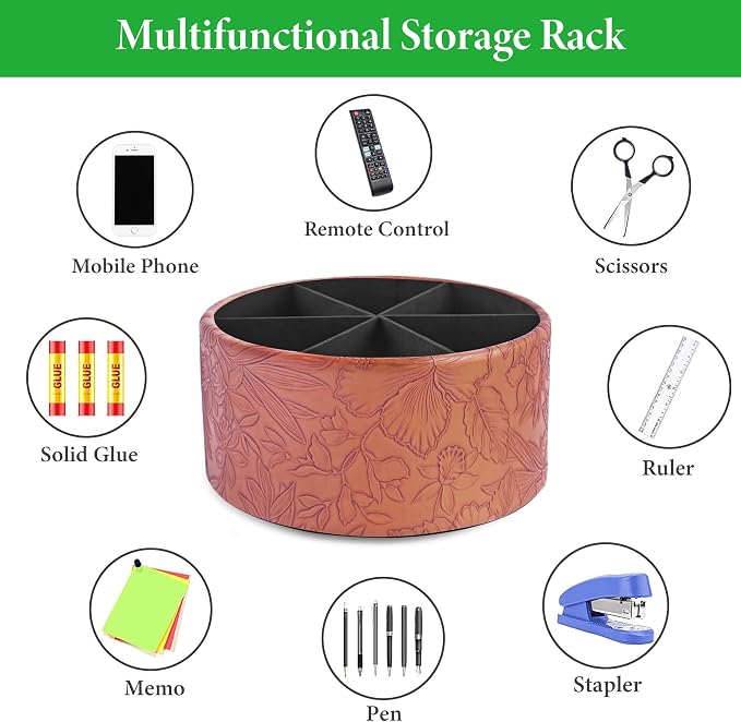 Remote Control Holder, 360°Spinning PU Leather Desk TV Remote Caddy,Desk Storage Box Room Accessories for Controller, Media,Mail,Calculator, Mobile Phone,Pencil(1-Carved Brown)