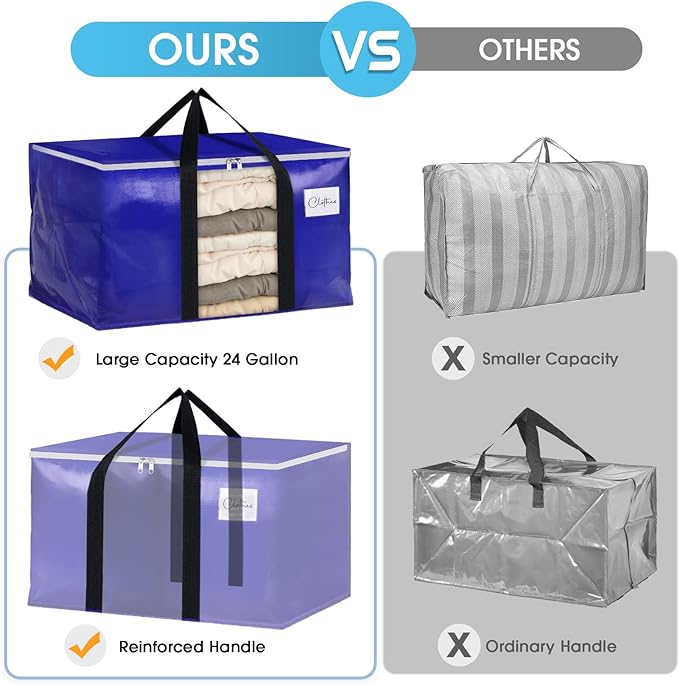 BlissTotes 8 Pack Moving Bags with Clear Window, Storage Bags with Strong Carrying Handles & Zippers,Large Packing Bags for Saving Space, Alternative to Moving Boxes(Blue,24 Gallon)