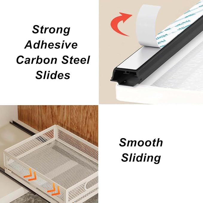 Pull-Out Cabinet Organizer W 9.4"x D 15.7"XH 8.3" Metal Steel Slide Basket with Adhesive Rails for Kitchen, Closet, Pantry Storage bathroom Sliding Drawer Rack undersink shelf