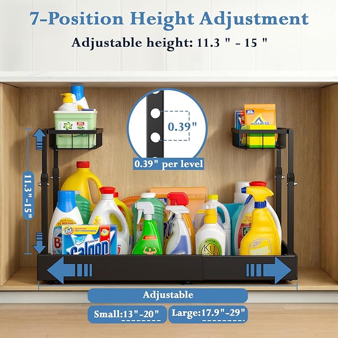 Aisslro Under Sink Organizer, 2 Tier Under the Sink Storage, Expandable Adjustable Slide Out Pull Out Under Cabinet Organizers Shelf, for Kitchen Bathroom Pantry Closet Organization, Black