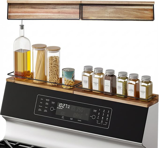 2-Piece 30" Magnetic Stove Top Shelf – Acacia Wood Spice Rack Organizer, No-Drill Over Stove Shelf for Kitchen, Strong Magnets, Heat Resistant, Easy Clean, Fits Gas/Electric Stoves