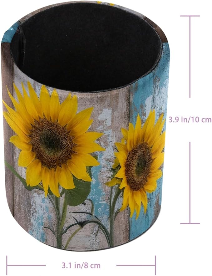 Faux Leather Pen Holder for Desk, Pencil Organizer Farmhouse Sunflowers Pen Cup Desk Decor Makeup Brush Holder Storage for Office Home