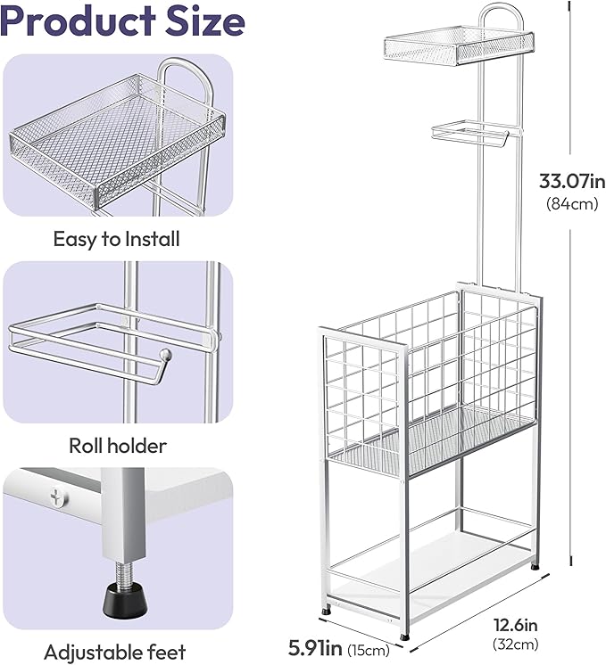 SWTYMIKI Freestanding Toilet Paper Holder - 4-Tier Free Standing Toilet Paper Holder Stand with Large Basket, Stand Mega Roll Storage Rack for Extra Rolls, Magazines, Wet Wipes, Silver