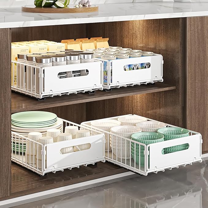 YunNasi Pull Out Cabinet Organizer Slide Out Drawer Storage Shelves Cupboard Organiser Sliding Cabinet Basket for Kitchen No Drilling and Nailing (White, 4Piece 9.8"W X15"D X 7.5"H)