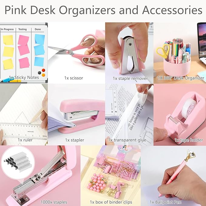 suniya Office Supplies,Desk Accessories,with Stapler,Tape Dispenser,Staple Remover,Scissor,Ballpoint Pen,Sticky Notes,Clear Tape,Staples,Desk Organizer,Ruler,Binder,Best Gift Set(White)