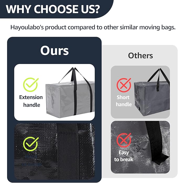 Moving Bags Heavy Duty Extra Large, Moving Boxes, Moving Supplies Essentials, Blue Storage Bins with Lids, Plastic Packing Totes, Storage Bags for Clothes with Handles & Zippers Black, 4 Pack