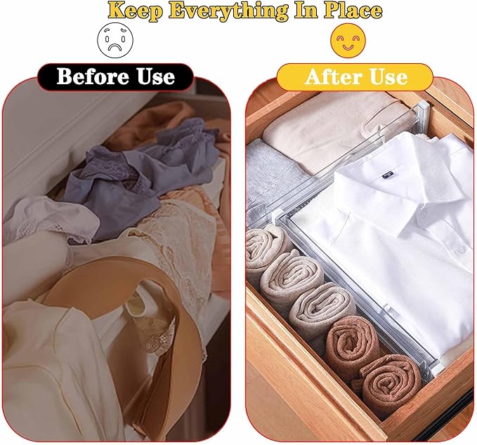4 Pcs Drawer Dividers for Clothes, 3.15" High 11.34"-19.69" Adjustable Expandable Dresser Drawer Organizer, Clear Plastic Separators for Dresser, Baby Clothing (4, white‌)