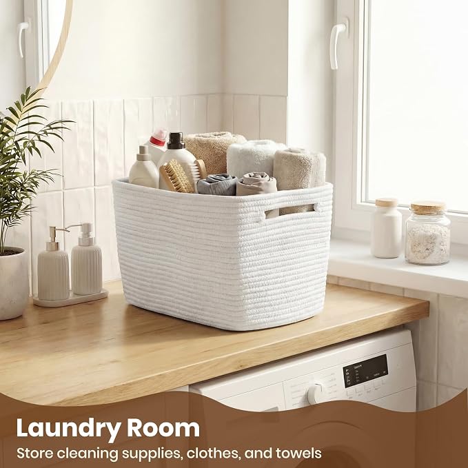 Storage Baskets for Organizing, 14 x 10 x 9” Closet Shelf Woven Baskets, Square Bins with Handles, Cotton Rope Basket for Clothes, Office, Room, White 4 Pack