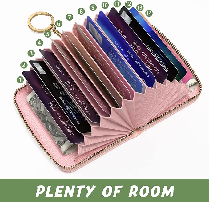 Aiawoxc Credit Card Holder for Women, Small RFID Wallet Slim Leather Business Card Organizer Case with Zipper and Keychain, Pink