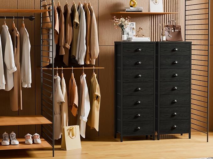 Furnulem Black Bedroom Dresser, Tall Chests of Drawers with 7 Fabric Bins | Sturdy Steel Frame, Wooden Top, Organizer in Closet, Tall Nightstand for Dorm, Living Room, Hallyway-Storage Tower Unit