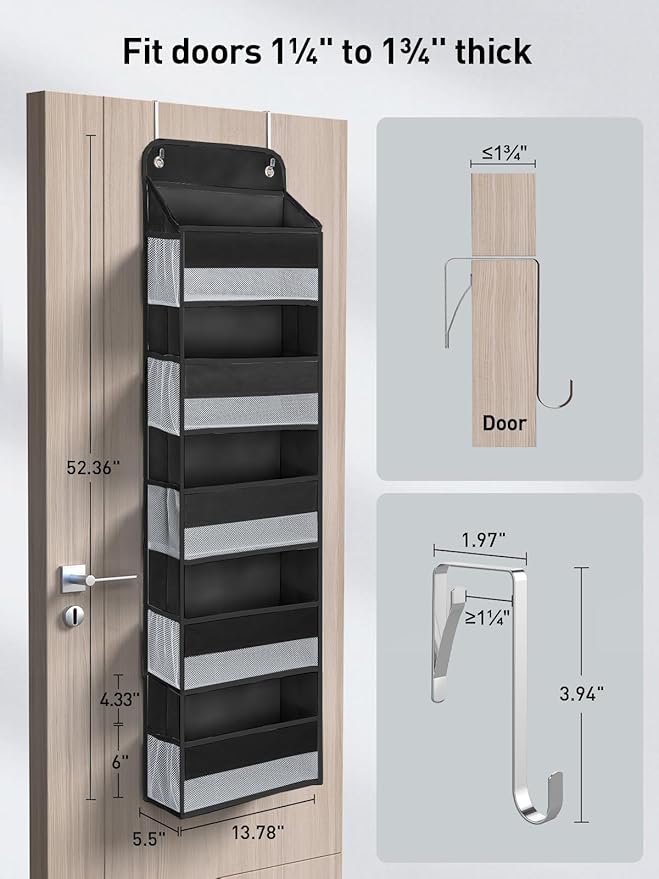 Yecaye 1 Pc Over the Door Organizer with 5 Bins 10 Side Pockets, 44lbs Load Hanging Bathroom and Bedroom Organizer, behind the Door Hanging Organizers for Nursery Newborn Baby Essential Stuff Black