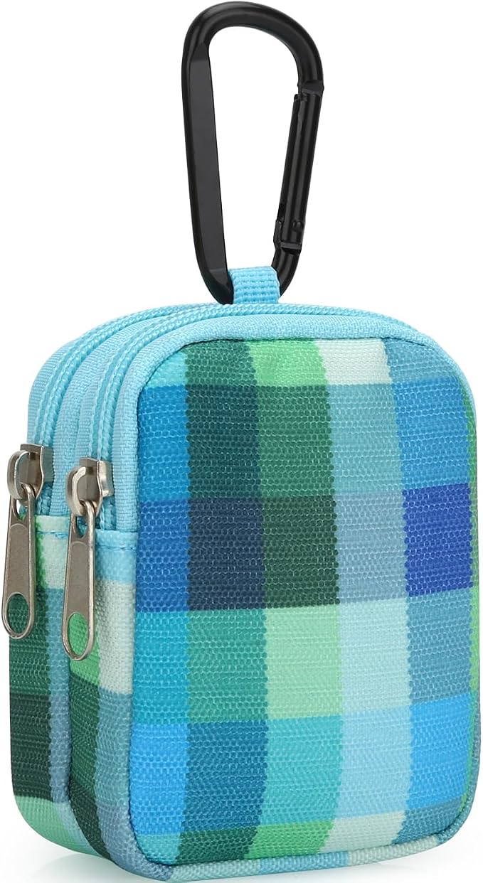 E-Tree Coin Purse with Carabiner Clip, Dual Layer Card Case Holder, Mini Pouch for AirPod Earphone Keychain USB Cable,Wallet, Small Accessories Organizer Bag for Women and Men (Blue Checkered)