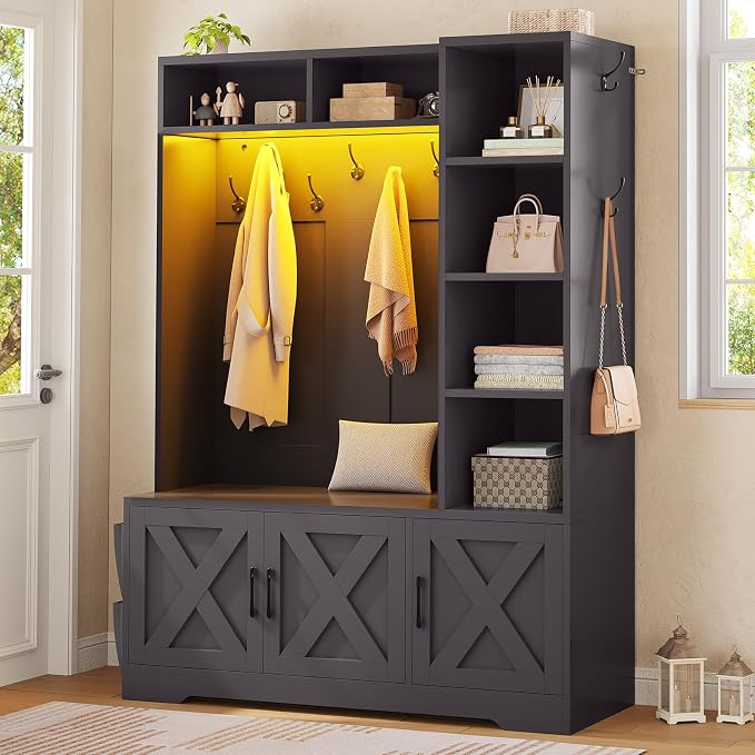 Itaar Hall Tree with Bench and Shoe Storage, Farmhouse Entryway Bench with Coat Rack, Shoe Cabinet with Adjustable Shelves, 6 Storage Cubbies, 10 Coat Hooks, Storage Bag, Led Lights, Black