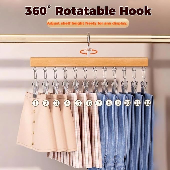 Closet Organizer with 12 Clips, Space Saving Hanging Closet Storage for Hats, Scarves, Jeans, Skirts, Socks, Pants, Multi-Purpose Clip Hanger(Wood TypeA*2)