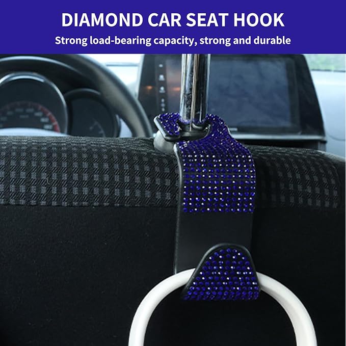 4PCS Bling Car Seat Headrest Hooks, Vehicle Back Seat Purse Handbag Hanging Holder with Crystal Rhinestone, Diamond Storage Organizer Hook,Bling Car Accessories for Women (Blue)