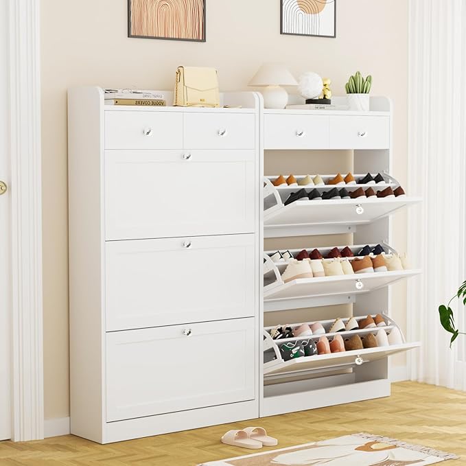 VOWNER Shoe Cabinet with 3 Flip Drawers & 2 Drawers, Freestanding Shoe Storage Cabinet with Adjustable Shelves, Shoe Organizer for Entryway, Hallway, Living Room, White