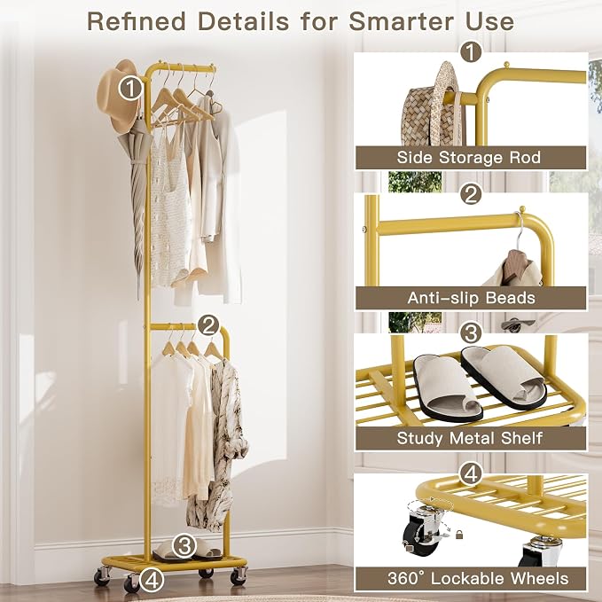 Small Rolling Clothing Rack with Shelf,Narrow Gold Clothes Rack with Wheels | Gasvadivum 71" Tall Sturdy Metal Garment Rack with Hanging Rod, Freestanding Portable Coat Rack for Bedroom, Entryway