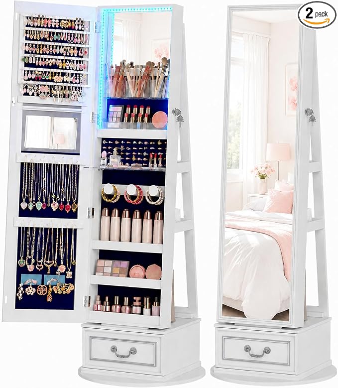 Vlsrka Mirror Jewelry Cabinet Standing with Lights, Lockable, Swivel, White | Standing Jewelry Armoire with Full Length Mirror, Large Jewelry Organizer Storage with Foldable Makeup Shelf, 3 LED Lights