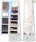 Vlsrka Mirror Jewelry Cabinet Standing with Lights, Lockable, Swivel, White | Standing Jewelry Armoire with Full Length Mirror, Large Jewelry Organizer Storage with Foldable Makeup Shelf, 3 LED Lights