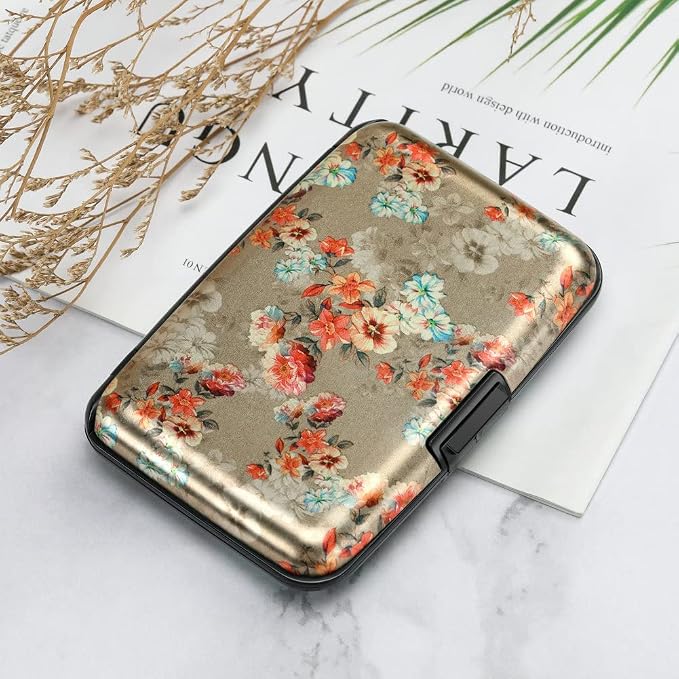 ELFISH Mini RFID Aluminum Wallet Credit Cards Holder Business Card Case Metal ID Case for Men Women（Flower Shadows