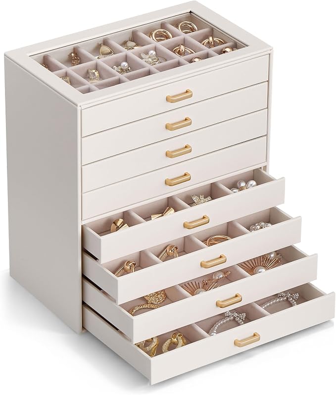 Lolalet Earring Organizer, Jewelry Box with Clear Lid -Beige, 8 Layer | PU Leather, Velvet, Removable Dividers, Dustproof, Easy Clean, For Studs Rings, Gift for Women Girls, Home Aesthetic Decor