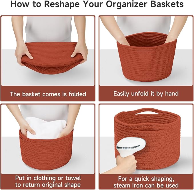 Small Rope Baskets for Storage, Baskets for Gifts Empty, Cute Round Woven Basket, Decorative Shelf Baskets 9.82×9.82×7.1", Cotton Toy Basket Storage Bins for Organizer 3 Packs-Brick Red