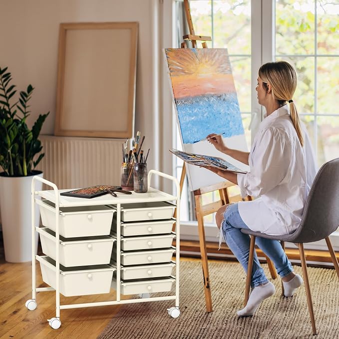 Moccha 9-Drawer Rolling Storage Cart - Under Desk Storage Drawers with wheels for Craft Art Supply Paper Salon, Scrapbook Paper Tools, Mobile Utility Cart for Classroom, White