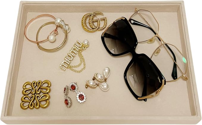 Premium Grade Multi Function Beige Velvet Jewelry Collection Accessaries Organization Tray Display Show Tray Home Store Drawer Divider Insert Closet Organizer
