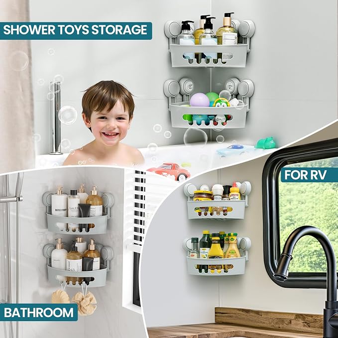 TAILI Corner Shower Caddy Organizer, Plastic Shower Caddy Suction Cup Bathroom Organizer Storage Basket Wall Mounted Organizers For Shampoo, Conditioner, Drill-Free Removable (2 Pack)