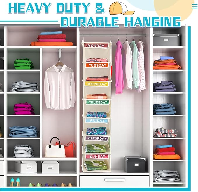 Amylove 2 Pcs 7 Shelf Weekly Clothes Organizer for Kids Hanging Closet Organizer 11. 8 x 11. 8 x 50 Inches Daily Activity Kids Clothes Storage Drawers Cube Drawers Closet Hanging Shelves(Beige)