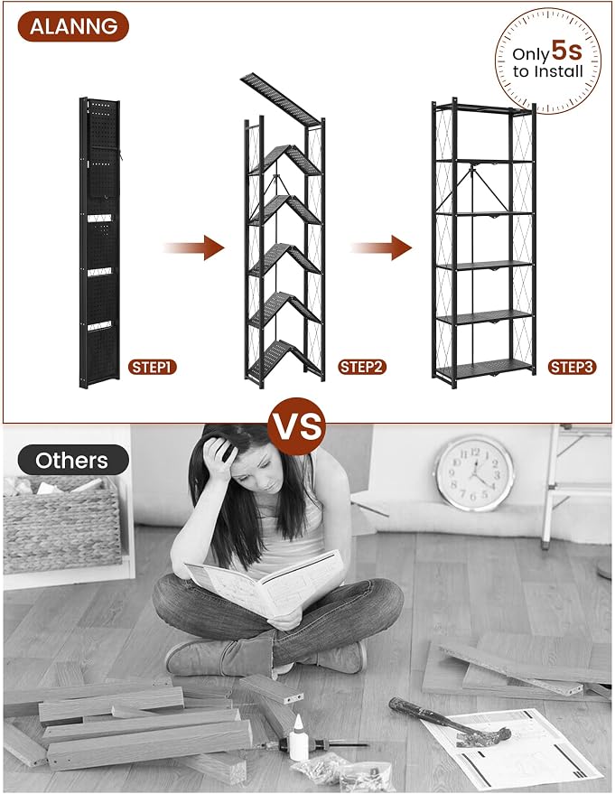 ALANNG 73.6 Inch Folding Bookshelf, 6 Tier Metal Bookcase and Bookshelves | Tall Shelves for Living Room Office Bedroom, Heavy Duty Book Shelve Free Standing Open (Black, 1PACK)