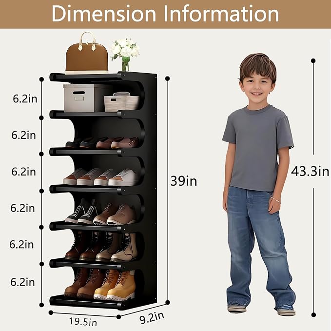 7-Tier Bamboo Shoe Rack, Vertical Narrow Shoe Rack for Small Space, Free Standing Shoe Rack for Entryway, Vertical Shoe Organizer Tower for Narrow Closet, Hallway